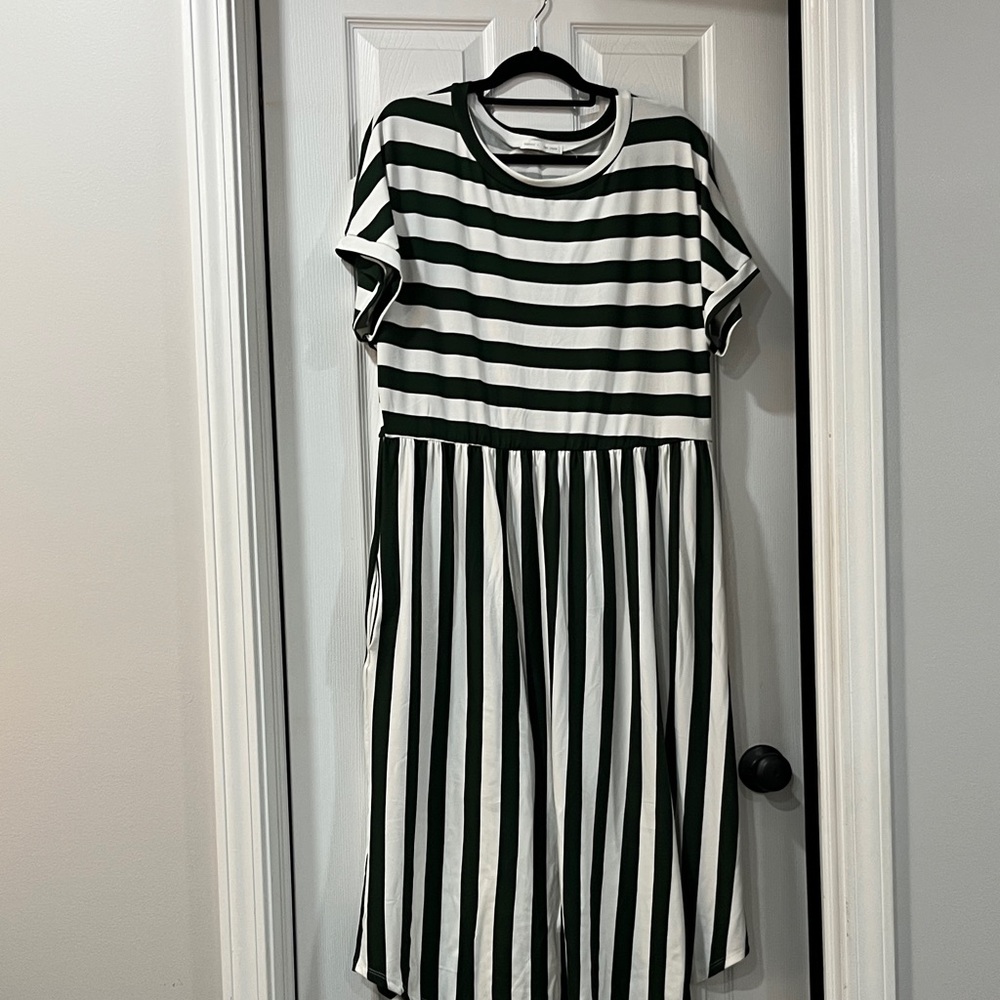 Reborn J Green and White Striped Midi Dress